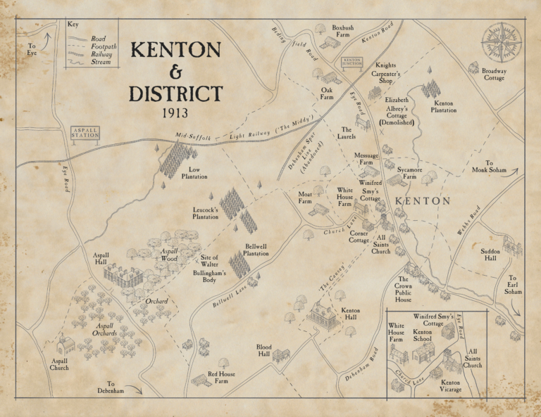 A map of Kenton in 1913, prepared by Melissa Nash, where the series of Winifred Smy mysteries takes place.